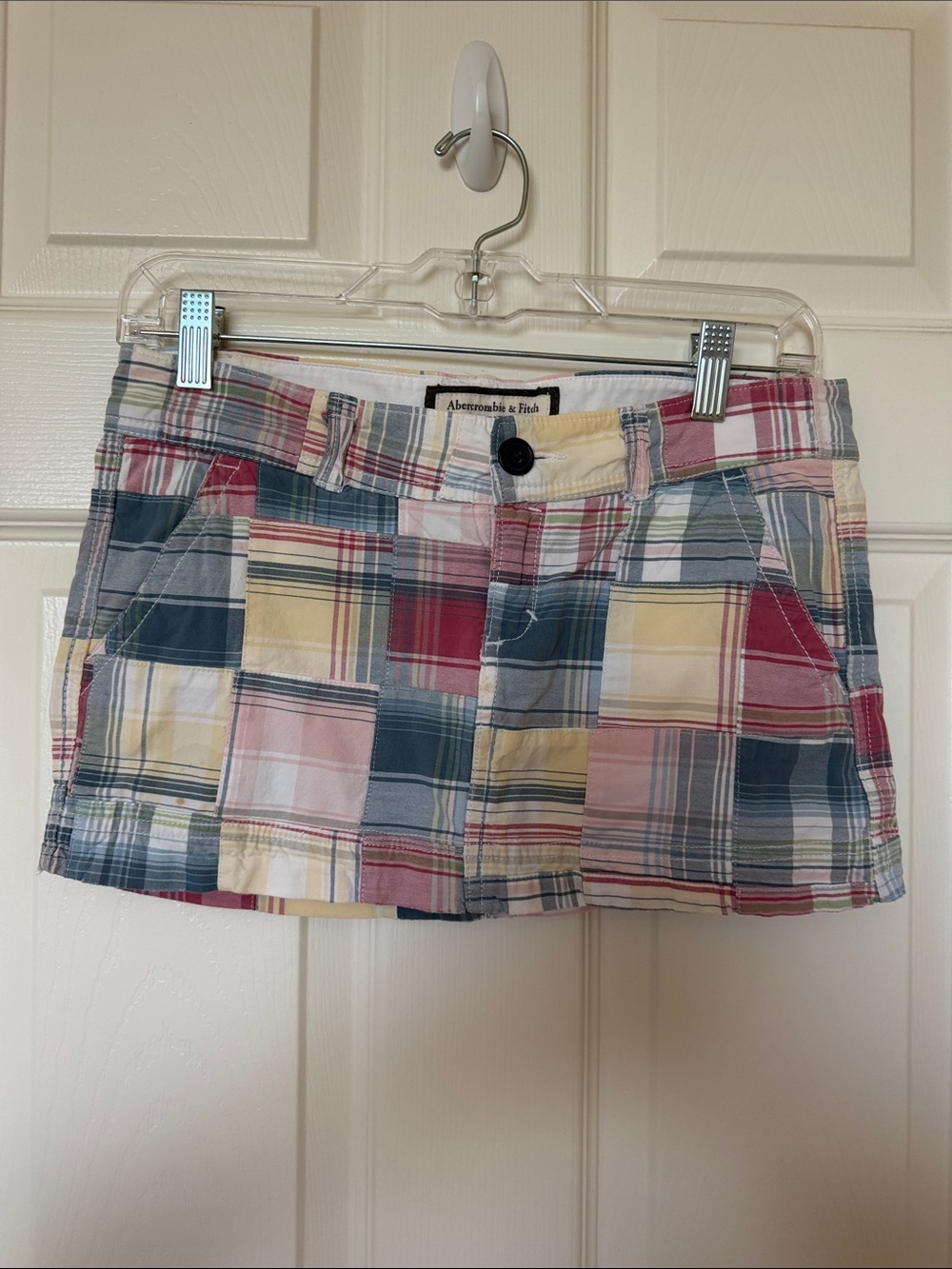 Abercrombie & Fitch Patchwork Plaid Jean Shorts in Red, Yellow, Blue